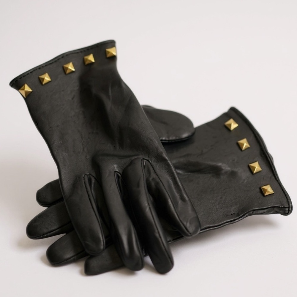 Ralph Lauren Leather Studded Gloves Metal Rock Stud Soft Classic Black Gold Logo